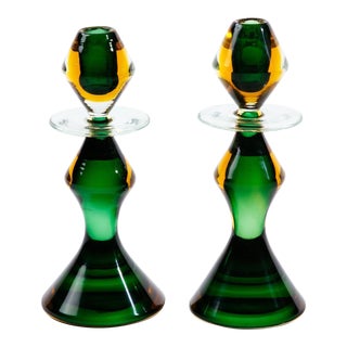 Italian Gold and Emerald Glass Candlesticks by Flavio Poli for Seguso - a Pair For Sale