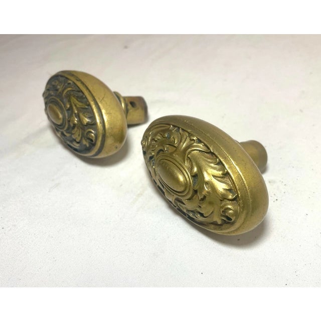 Brass Pair of Antique 1800's Ornate Solid Brass Bronze Door Handle Oval Knob Hardware For Sale - Image 8 of 8