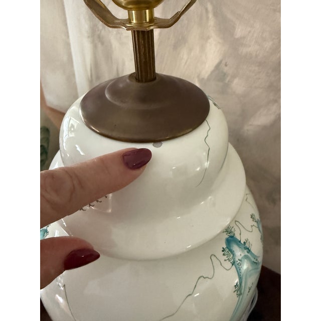 Vintage Chinese Export Ceramic Table Lamp Hand Painted Chinoiserie With Matching Shade For Sale - Image 10 of 12