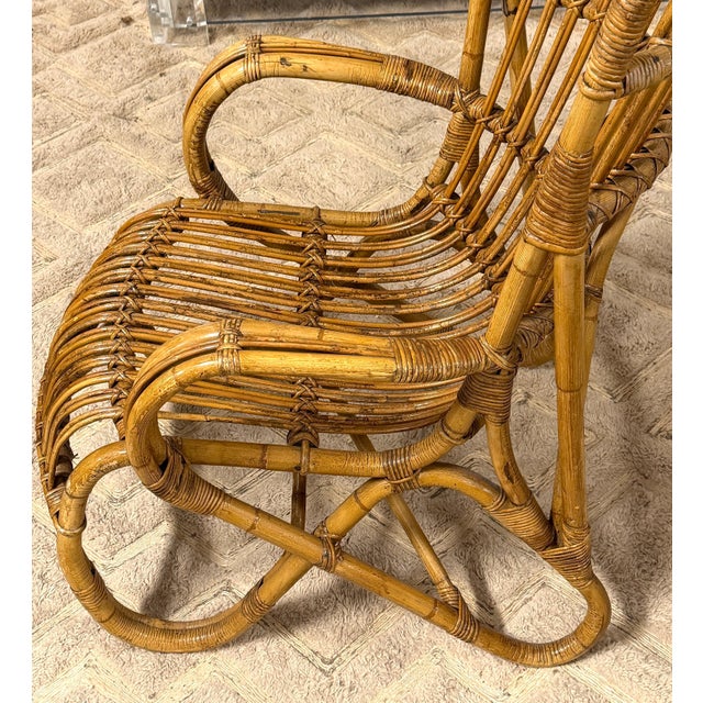 Light Yellow Pair of Italian Mid-Century Rattan High-Back Lounge Chairs, Style Franco Albini For Sale - Image 8 of 11