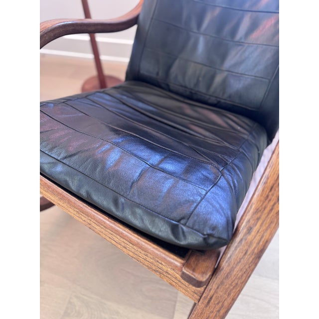 Mid-Century Modern 1970s Mid-Century Modern Rocker With Wood Base and Leather Seat For Sale - Image 3 of 10
