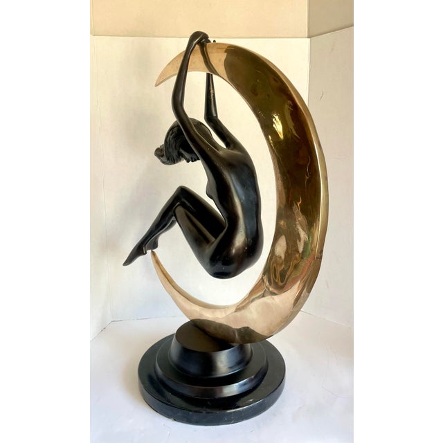 Art Deco Bronze Nude Figure Suspended in Brass Crescent Moon Sculpture on Marble Base For Sale - Image 9 of 12