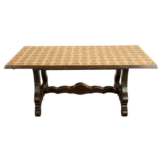 Antique Spanish Colonial Hacienda Walnut Talavera Tile Top Table Six Chairs 1890 For Sale - Image 13 of 17