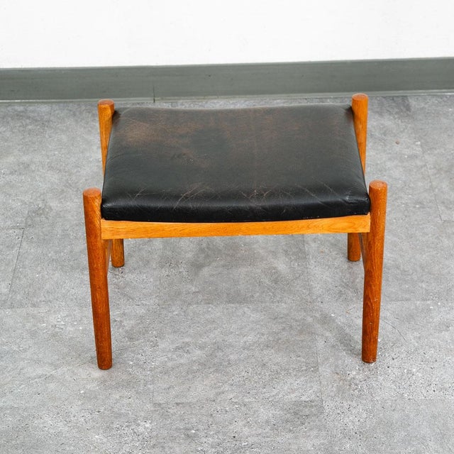 Mid Century Modern Ottoman Stool Swivel Black Solid Oak Wood Tufted Spottrup MCM For Sale - Image 12 of 12
