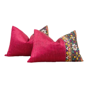 Pair of Floral Antique Mashru Tribal Lumbar Pillows