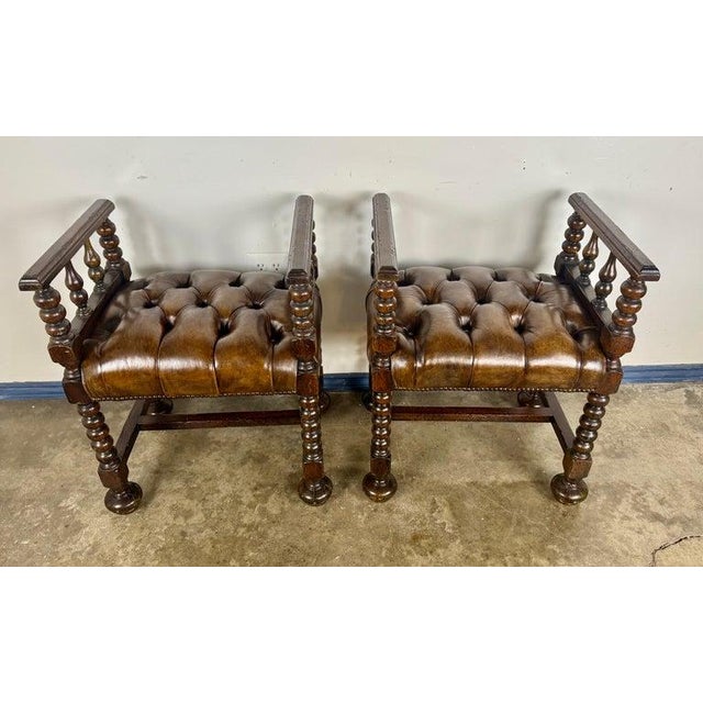 Jacobean Pair of English Jacobean-Style Leather and Turned-Oak Benches For Sale - Image 3 of 17