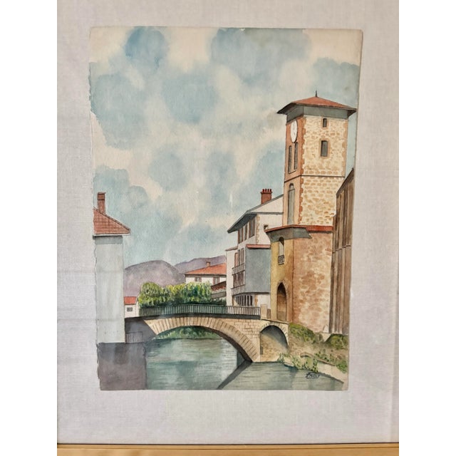 Paint Mid 20th Century Framed French Watercolor Painting of St Jean Pied De Port For Sale - Image 7 of 12