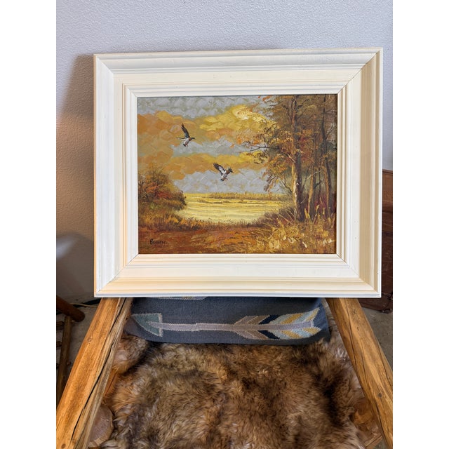 Vintage Oil Painting Landscape With Mallard Ducks Landing by Bennett For Sale - Image 10 of 11