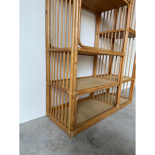 Wood Large- Vintage Coastal Rattan Bookcase Étagère With Cane Shelves For Sale - Image 7 of 12