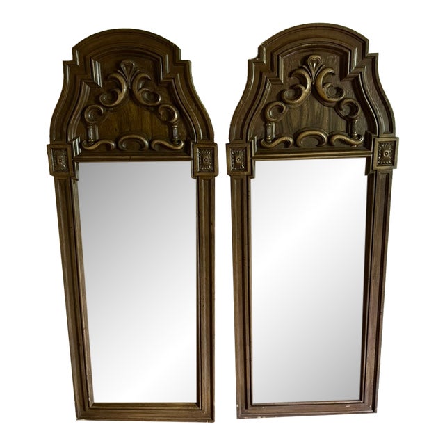 Pair of Vintage Spanish/Baroque Revival Carved Wood Arched Wall Mirrors For Sale