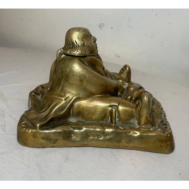 Large Antique Solid Bronze Brass Figural Writing Fat Man Eating Turkey Inkwell For Sale - Image 10 of 13