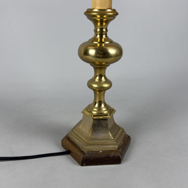 Metal Vintage Brass and Wood Table Lamp with Beige Fabric Shade, 1960s For Sale - Image 7 of 13