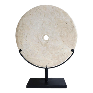 Hand-Carved Indonesian 16-Inch Marble Disk on Metal Stand, Modern Design