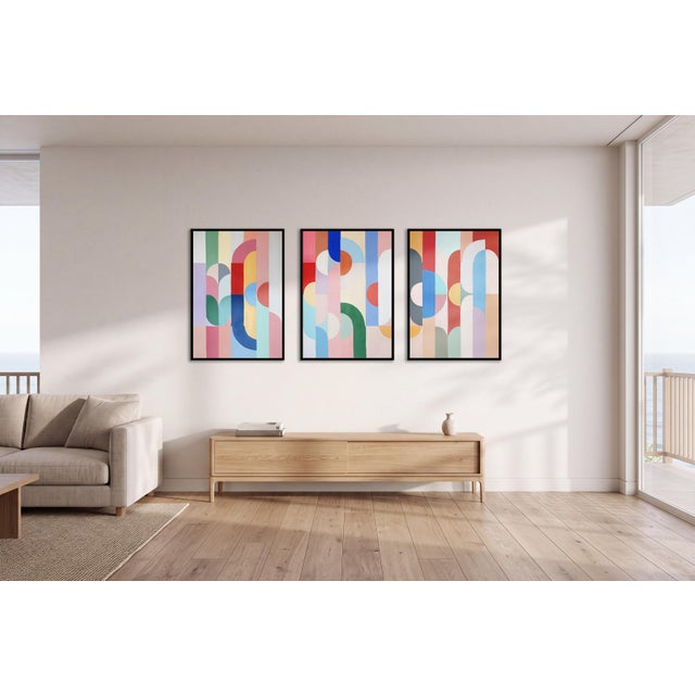 2026, Art Deco Triptych, Original Painting, Vivid Tones Triptych, Geometric Bauhaus Patterns on Watercolor Paper by Natalia Roman For Sale - Image 10 of 11