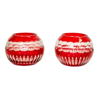 Vintage Bohemian Ruby Red Cut to Clear Crystal Votive Candle Holder For Sale