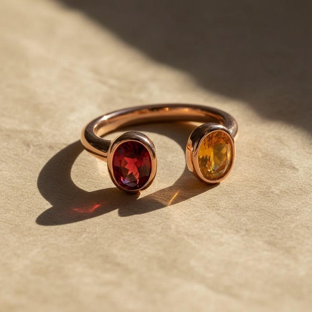 Metal Toi Et Moi Gemstone Ring: Garnet and Citrine, Size 7.5 For Sale - Image 7 of 9