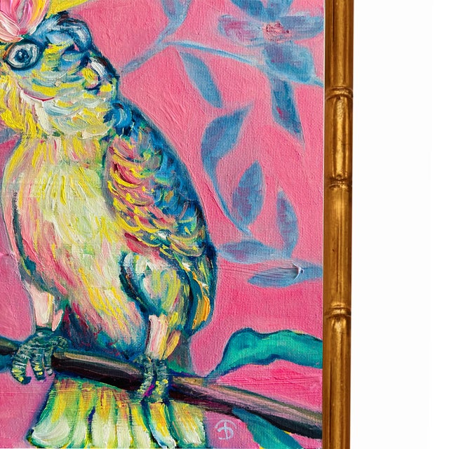 Tatiana Duperault Cockatoo Original Oil Painting, Chinoiserie Style, Pink and Blue, Faux Bamboo Frame For Sale - Image 4 of 6