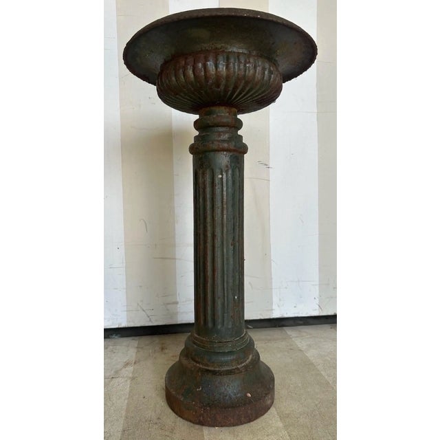 Traditional 19th Century Cast Iron Urn on Pedestal With Original Green Paint For Sale - Image 3 of 4
