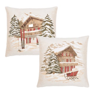 Pair of Alpine Skiing Lodge & Winter Chalet Tapestry Cushions With Feather Filler - 46x46cm For Sale