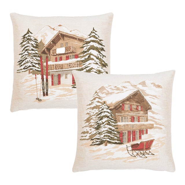 Pair of Alpine Skiing Lodge & Winter Chalet Tapestry Cushions With Feather Filler - 46x46cm For Sale
