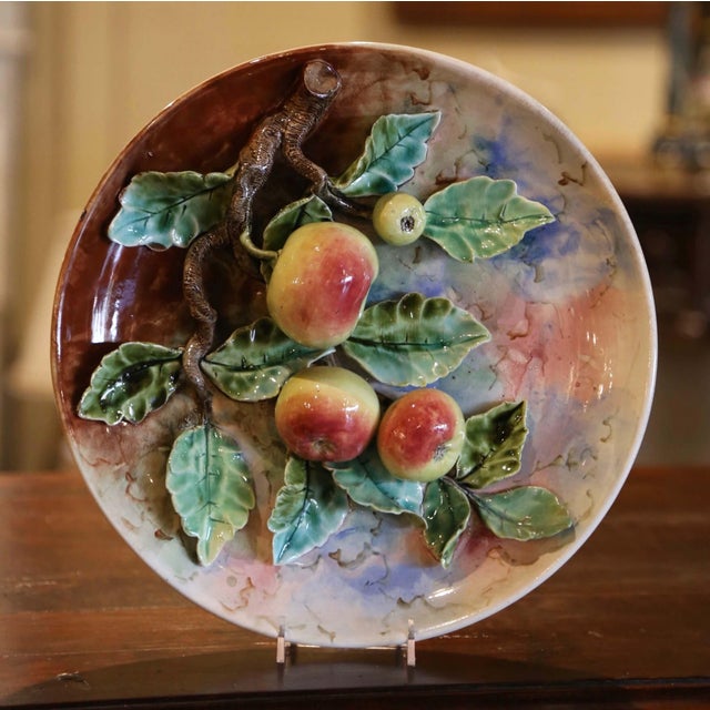 19th Century French Hand Painted Ceramic Barbotine Fruit Wall Platter For Sale - Image 4 of 5