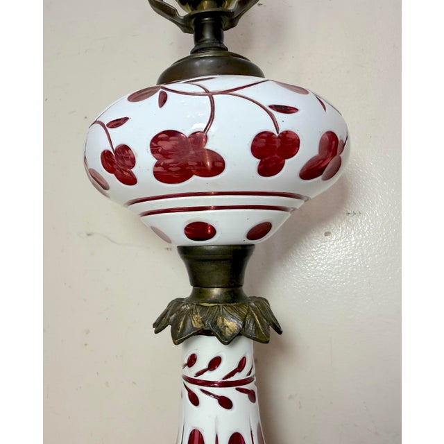 Antique 1800's Cut to Clear Cranberry Glass Stourbridge Bronze Oil Table Lamp For Sale - Image 10 of 14