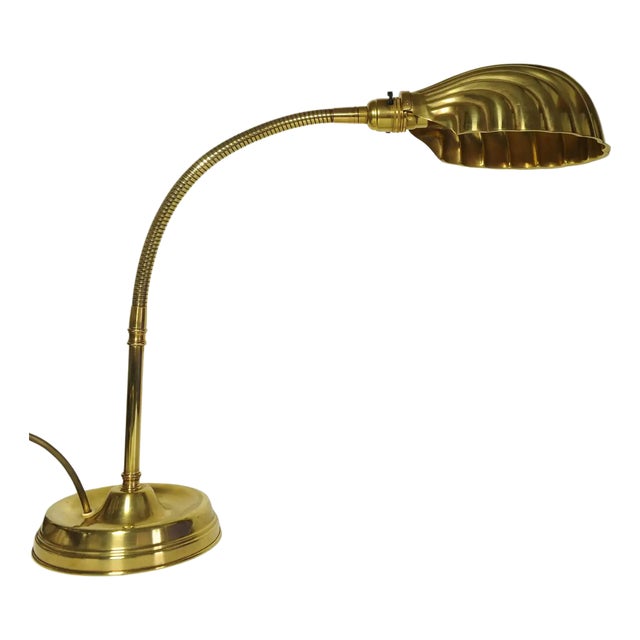 Art Deco Articulated Brass Gooseneck Desk Lamp with Shell-Shaped Brassed Copper Shade and Circular Brass Weighted Base 1920s. For Sale