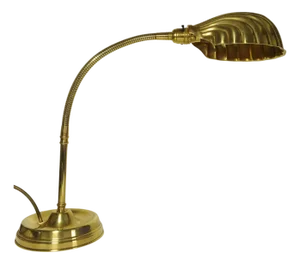 Art Deco Articulated Brass Gooseneck Desk Lamp with Shell-Shaped Brassed Copper Shade and Circular Brass Weighted Base 1920s.