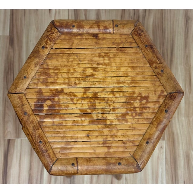 Mid 20th Century Vintage Hexagonal Scorched Bamboo Plant Stand For Sale - Image 5 of 7