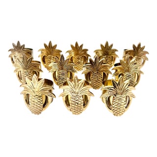 Vintage Hollywood Regency Solid Brass Pineapple Napkin Rings – Set of 12 For Sale