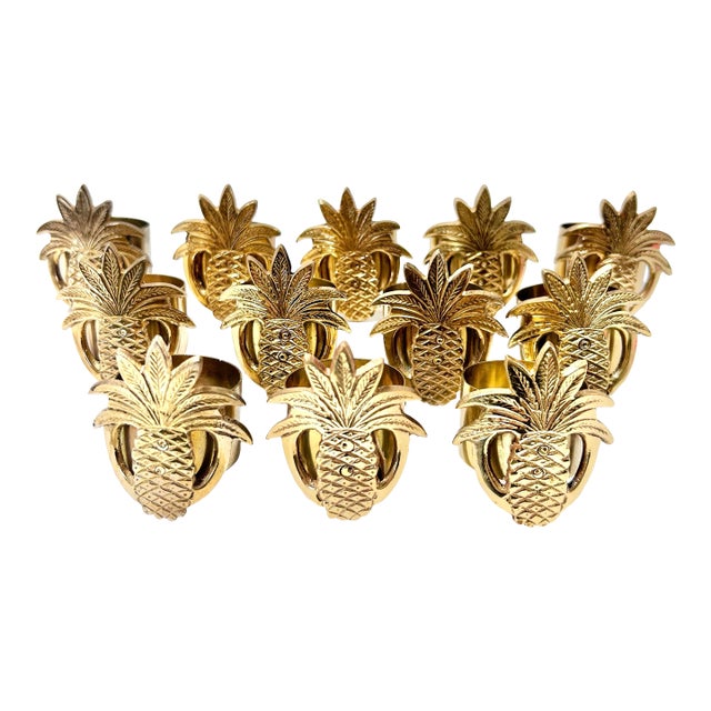 Vintage Hollywood Regency Solid Brass Pineapple Napkin Rings – Set of 12 For Sale
