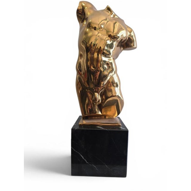Italian Artist, Gilt Bronze Male Torso on Black Marble Base, 1950s, Bronze For Sale - Image 3 of 13