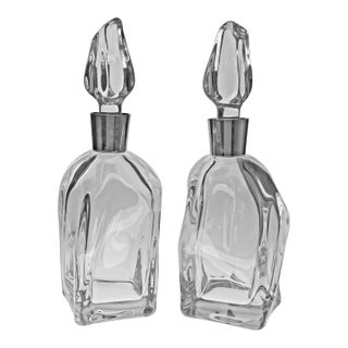 1960s Daum France Pair of Crystal Decanters Signed Art Deco Style Carafes Barware For Sale