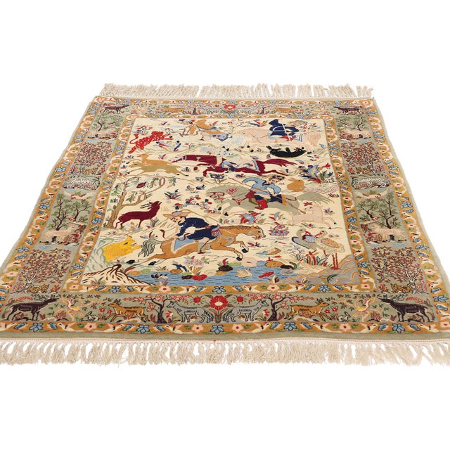 English Vintage Persian Hunting Scene Isfahan Rug - 03'07 X 05'02 For Sale - Image 3 of 10