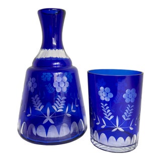 Vintage Cobalt Blue Cut-to-Clear Bedside Carafe With Tumbler, Night Water Set For Sale