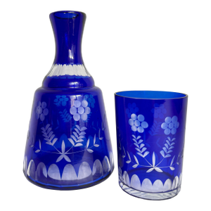Vintage Cobalt Blue Cut-to-Clear Bedside Carafe With Tumbler, Night Water Set