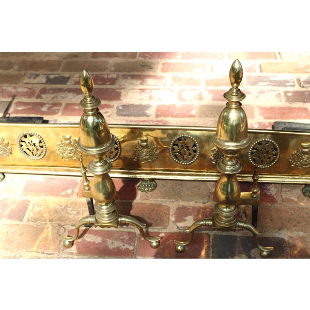 Gold Set of 3, Vintage Handcrafted Ornate Brass Fireplace Fender With Brass Andirons For Sale - Image 8 of 10