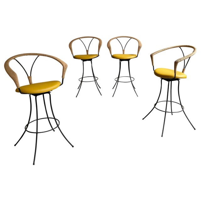 Mid 20th Century Mid-Century Modern Wrought Iron & Rush Swivel Bar Stools - Set of 4 For Sale - Image 11 of 11