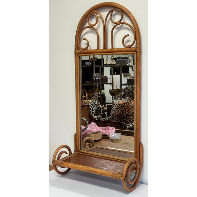 Mid-Century Modern Vintage MCM Bentwood Rattan Wall Mirror W/ Shelf For Sale - Image 3 of 7