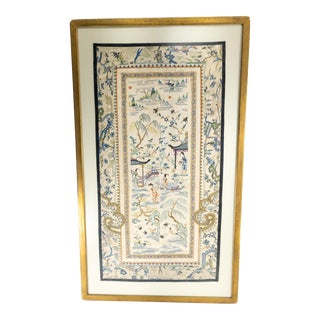 Early 20th Century Chinese Chinoiserie Framed Silk Embroidered Robe Sleeve Panels For Sale