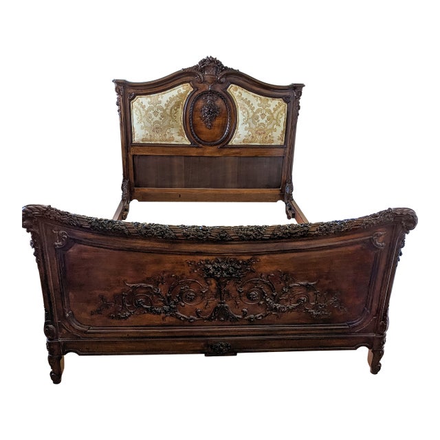 Antique Full Size Louis XVI Style Bed in Walnut Wood With Fabric Accents For Sale