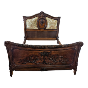Antique Full Size Louis XVI Style Bed in Walnut Wood With Fabric Accents