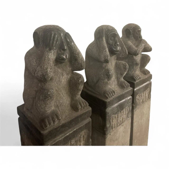 Asian Antique Vintage Balinese Three Wise Monkeys Stone Statues on Pillars (Set of 3) For Sale - Image 3 of 5