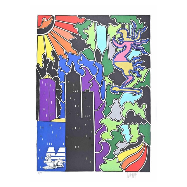 Antonio Cremonese, Abstract Urban Landscape, Lithograph, 1980s For Sale