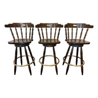 Vintage Yugoslavian Captain’s Mate Wood Swivel Bar Stools With Brass-Tone Footrests — Set of 3 For Sale