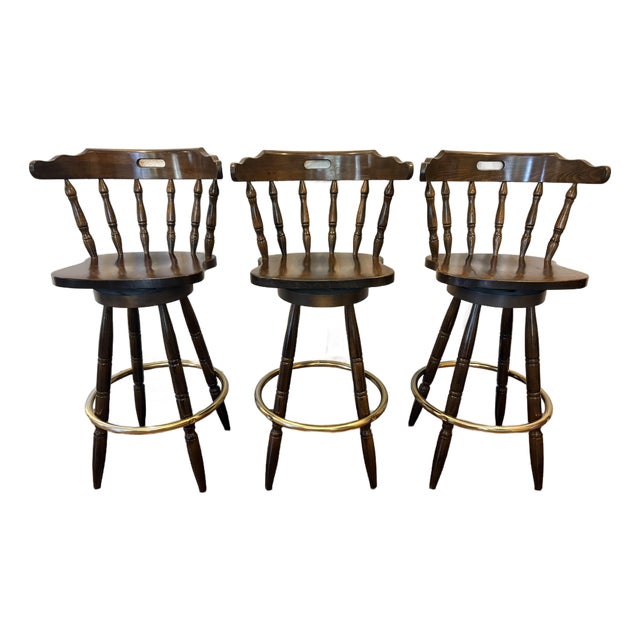 Vintage Yugoslavian Captain’s Mate Wood Swivel Bar Stools With Brass-Tone Footrests — Set of 3 For Sale