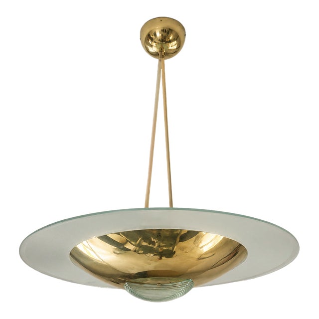1970s Mid-Century Modern French Brass & Frosted Glass Pendant Light – 24" Luxury Chandelier For Sale