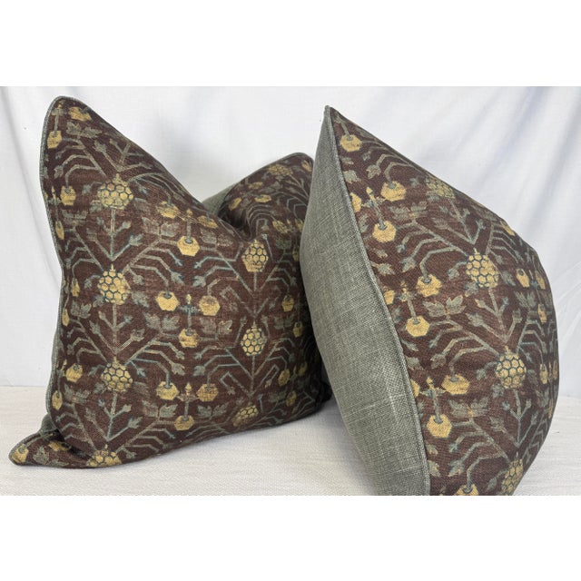 Custom pair of 22" pillows covered in Zak + Fox "Khotan" in color 08 and backed in a coordinating brown linen. These...