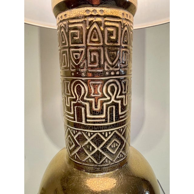 Gilded Hollywood Regency Table Lamp With Egyptian Revival Ceramic Heirogylph Motifs For Sale In Los Angeles - Image 6 of 10