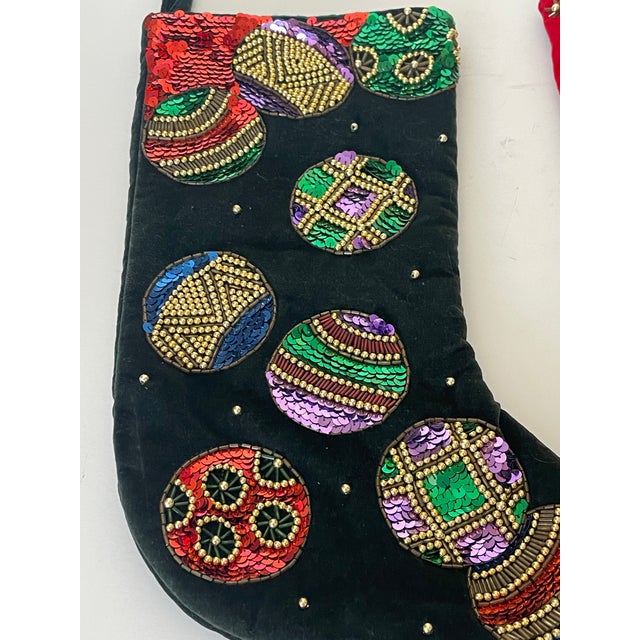 Shabby Chic 1970s Two Festive Christmas Stockings Beaded Sequins on Velvet For Sale - Image 3 of 5